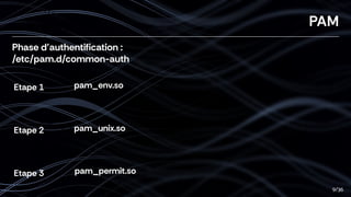PAM
Phase d’authentiﬁcation :
/etc/pam.d/common-auth
pam_env.so
Etape 1
pam_unix.so
Etape 2
Etape 3 pam_permit.so
9/36
 