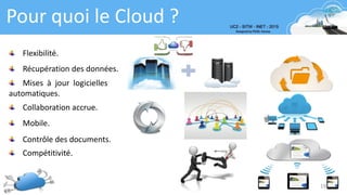 19
Pour quoi le Cloud ?
Flexibilité.
Récupération des données.
Mises à jour logicielles
automatiques.
Collaboration accrue.
Mobile.
Contrôle des documents.
Compétitivité.
 