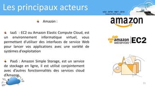 Les principaux acteurs
21
Amazon :
IaaS : EC2 ou Amazon Elastic Compute Cloud, est
un environnement informatique virtuel, vous
permettant d'utiliser des interfaces de service Web
pour lancer vos applications avec une variété de
systèmes d'exploitation
PaaS : Amazon Simple Storage, est un service
de stockage en ligne, il est utilisé conjointement
avec d’autres fonctionnalités des services cloud
d’Amazon.
 