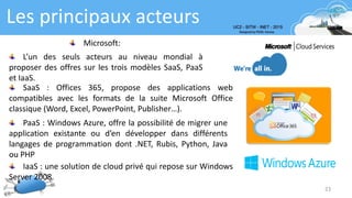 Les principaux acteurs
23
Microsoft:
L’un des seuls acteurs au niveau mondial à
proposer des offres sur les trois modèles SaaS, PaaS
et IaaS.
PaaS : Windows Azure, offre la possibilité de migrer une
application existante ou d’en développer dans différents
langages de programmation dont .NET, Rubis, Python, Java
ou PHP
SaaS : Offices 365, propose des applications web
compatibles avec les formats de la suite Microsoft Office
classique (Word, Excel, PowerPoint, Publisher…).
IaaS : une solution de cloud privé qui repose sur Windows
Server 2008.
 