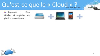 6
Qu'est-ce que le « Cloud » ?
Exemple : Pour
stocker et regarder vos
photos numériques :
 