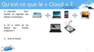 6
Qu'est-ce que le « Cloud » ?
Exemple : Pour
stocker et regarder vos
photos numériques :
Avec le Cloud :
Et si votre pc ou
disque dur tombe
empanne ?
 