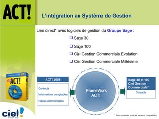 Sage 30 et 100 Ciel Gestion Commerciale* ACT! 2008 FrameWork ACT!  Contacts  Informations comptables  Pièces commerciales  Contacts  *  Nous contacter pour les versions compatibles. L’intégration au Système de Gestion Lien direct* avec logiciels de gestion du  Groupe   Sage  :  Sage 30 Sage 100 Ciel Gestion Commerciale Evolution Ciel Gestion Commerciale Millésime 