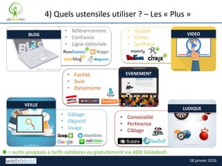 28 janvier 2016
4) Quels ustensiles utiliser ? – Les « Plus »
BLOG
VEILLE
EVENEMENT
LUDIQUE
VIDEO
• Référencement
• Confiance
• Ligne éditoriale
• Qualité
• Clarté
• Synthèse
• Ciblage
• Objectif
• Usage
• Facilité
• Suivi
• Dynamisme
• Convivialité
• Pertinence
• Ciblage
= outils proposés à tarifs solidaires ou gratuitement via ADB Solidatech
 