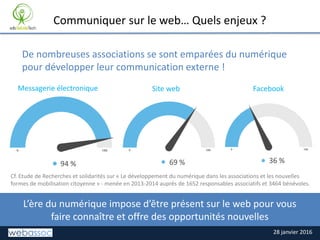28 janvier 2016
TITRE DE LA SLIDE
Communiquer sur le web… Quels enjeux ?
Messagerie électronique Site web Facebook
L’ère du numérique impose d’être présent sur le web pour vous
faire connaître et offre des opportunités nouvelles
De nombreuses associations se sont emparées du numérique
pour développer leur communication externe !
Cf. Etude de Recherches et solidarités sur « Le développement du numérique dans les associations et les nouvelles
formes de mobilisation citoyenne » - menée en 2013-2014 auprès de 1652 responsables associatifs et 3464 bénévoles.
94 % 69 % 36 %
 