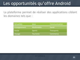 Les opportunités qu’offre Android
La plateforme permet de réaliser des applications ciblant
les domaines tels que :

        Actualités     Jeux         Communication
        Enseignement   Multimédia   Santé
        Social         Sports       Transports
        Voyage         Tourisme     Commerce




                                                     11
 