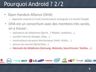 Pourquoi Android ? 2/2
• Open Handest Alliance (OHA)
  – Approche ouverte et multi constructeurs conjuguée à la touche Google
• OHA est un consortium avec des membres très variés,
  on y trouve :
   –   opérateurs de téléphonie (Sprint , T-Mobile, Vodafone,…)
   –   sociétés Internet (Google, EBay, …)
   –   constructeurs de puces électroniques (Intel, nVidia, …)
   –   acteurs du marché (Wind River…)
   –   fabricants de téléphones (Samsung, Motorola, Sony Ericsson, Toshiba, …)




                                                                           9
 