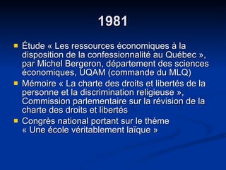 1981 Étude « Les ressources économiques à la disposition de la confessionnalité au Québec »,  par Michel Bergeron, département des sciences économiques, UQAM (commande du MLQ)  Mémoire « La charte des droits et libertés de la personne et la discrimination religieuse », Commission parlementaire sur la révision de la charte des droits et libertés Congrès national portant sur le thème  « Une école véritablement laïque » 