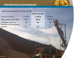 13
13
PARAMÈTRES ÉCONOMIQUES
ANALYSE DE SENSIBILITÉ AU PRIX DE L’OR
Scénario de base
Prix de l’or ($/oz) 1 000 $ 1 100 $ 1 200 $
VAN5% après impôt ($M) 199 $ 262 $ 334 $
TRI après impôt (%) 38 48 58
Période de recouvrement
(année) 1,7 1,5 1,3
 