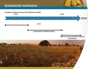 15
2016 2017 2018
ÉCHÉANCIER NATOUGOU
Processus d’obtention des permis
& Ingénierie de détail
2026
Construction & Prédécouverture
17
Mise en service, première coulée d’or
et production
15
 