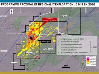21
Natougou
50 km2
Anomalie (+10 ppb Au)
Secteur de sol anomalique
PROGRAMME RÉGIONAL D’EXPLORATION: 1,3 M $ – H2 2015
Échantillon des sols
PROGRAMME PROXIMAL ET RÉGIONAL D’EXPLORATION : 6 M $ EN 2016
 Levé géophysique aéroporté - 2015
 20 000 mètres de forage RC
 6 000 mètres de forage carotté–
continuité de l’éponte supérieure
et de la zone Sud-Ouest
 60 000 mètres de forage à la mototarière
2016
 