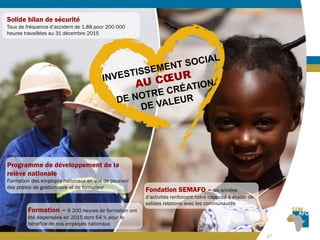 THE GRADE
MAKING
27
Solide bilan de sécurité
Taux de fréquence d’accident de 1,88 pour 200 000
heures travaillées au 31 décembre 2015
Programme de développement de la
relève nationale
Formation des employés nationaux en vue de pourvoir
des postes de gestionnaire et de formateur
Formation – 6 200 heures de formation ont
été dispensées en 2015 dont 64 % pour le
bénéfice de nos employés nationaux
Fondation SEMAFO – six années
d’activités renforcent notre capacité à établir de
solides relations avec les communautés
 