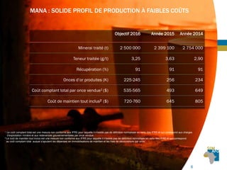 66
MANA : SOLIDE PROFIL DE PRODUCTION À FAIBLES COÛTS
6
Objectif 2016 Année 2015 Année 2014
Minerai traité (t) 2 500 000 2 399 100 2 754 000
Teneur traitée (g/t) 3,25 3,63 2,90
Récupération (%) 91 91 91
Onces d’or produites (K) 225-245 256 234
Coût comptant total par once vendue1 ($) 535-565 493 649
Coût de maintien tout inclus2 ($) 720-760 645 801
1 Le coût comptant total est une mesure non conforme aux IFRS pour laquelle il n’existe pas de définition normalisée en vertu des IFRS et qui correspond aux charges
d’exploitation minière et aux redevances gouvernementales par once vendue.
2 Le coût de maintien tout inclus est une mesure non conforme aux IFRS pour laquelle il n'existe pas de définition normalisée en vertu des IFRS et qui correspond
au coût comptant total auquel s'ajoutent les dépenses en immobilisations de maintien et les frais de découverture par once.
 