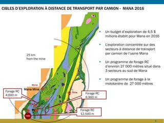 9
25 km
from the mine
Mana Mine
Wona
Siou
Fofina
FobiriYaho
YAMA
Forage RC
4,600 m
Forage RC
6,900 m
Forage RC
12,500 m
 Un budget d’exploration de 4,5 $
millions établit pour Mana en 2016
 L’exploration concentrée sur des
secteurs à distance de transport
par camion de l’usine Mana
 Un programme de forage RC
d’environ 27 000 mètres situé dans
3 secteurs au sud de Mana
 Un programme de forage à la
mototarière de 27 000 mètres
CIBLES D’EXPLORATION À DISTANCE DE TRANSPORT PAR CAMION - MANA 2016
 