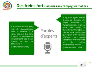 Des freins forts associés aux campagnes mobiles
« Je suis tout sauf un geek,
c’est de l’apprentissage
dans la violence ! Je
n’aime pas le fil à la patte
et toutes ces évolutions ne
correspondent pas à des
besoins sur ma vie
personnelle »
(Secteur Banque/Ass.)
« Il y a des efforts faits en
termes de formats, des
régies travaillent sur
l’uniformisation… Mais ça
reste des points à
travailler sur le mobile (…)
c’est qu’on se rend compte
qu’on peut avoir un rendu
différent, une qualité
variable en fonction du tel
et du système
d’exploitation utilisé.»
(Secteur Grande Distrib.)
Paroles
d’experts
 