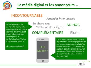 Le média digital et les annonceurs …
INCONTOURNABLE
COMPLÉMENTAIRE Pluriel
En phase avec
l’évolution des usages
AD HOC
Synergies inter devices
Et le
Mobile ?
«L’un des aspects de
notre ADN, c’est le côté
avant-gardiste, on essaye
toujours d’innover, c’est
le mot d’ordre de nos
campagnes (…)
Le digital aujourd’hui est
à peu près de 30 %. »
(Secteur Luxe/Beauté)
« Pour nous aujourd’hui c’est très
important de créer l’engagement de
nos consommateurs et le digital ça
devient essentiel (…) Le mobile va
exploser dans les années à venir et
les modes d’achat vont changer et
là aussi le digital est en avance. »
(Secteur Food)
 