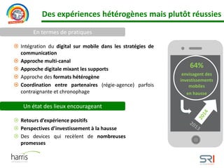 Des expériences hétérogènes mais plutôt réussies
 Intégration du digital sur mobile dans les stratégies de
communication
 Approche multi-canal
 Approche digitale mixant les supports
 Approche des formats hétérogène
 Coordination entre partenaires (régie-agence) parfois
contraignante et chronophage
 Retours d’expérience positifs
 Perspectives d’investissement à la hausse
 Des devices qui recèlent de nombreuses
promesses
64%
envisagent des
investissements
mobiles
en hausse
Un état des lieux encourageant
En termes de pratiques
 