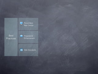 Responsive
            Web Design




  Best      Progressive
Practices   Enhancement




            Web Standards
 