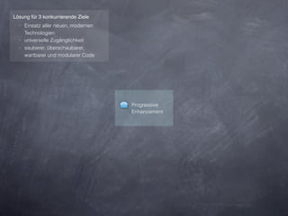 Lösung für 3 konkurrierende Ziele
  ‣ Einsatz aller neuen, modernen
    Technologien
  ‣ universelle Zugänglichkeit
  ‣ sauberer, überschaubarer,
    wartbarer und modularer Code




                                    Progressive
                                    Enhancement
 