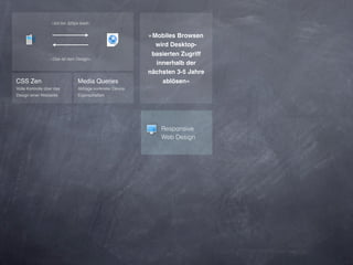 »Ich bin 320px breit«


                                                            »Mobiles Browsen
                                                              wird Desktop-
                                                             basierten Zugriff
                  »Das ist dein Design«
                                                              innerhalb der
                                                            nächsten 3-5 Jahre
CSS Zen                          Media Queries                  ablösen«
Volle Kontrolle über das         Abfrage konkreter Device
Design einer Webseite            Eigenschaften




                                                                Responsive
                                                                Web Design
 