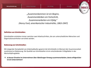 ®
   Herausforderung               Unser Konzept            Ihr Erfolg               Kontakt




                             „Zusammenkommen ist ein Beginn,
                              Zusammenbleiben ein Fortschritt,
                               Zusammenarbeiten ein Erfolg.“
                     (Henry Ford, amerikanischer Industrieller, 1863-1947)


Definition von Schnittstellen:

Schnittstellen entstehen immer zwischen zwei Arbeitsschritten, die von unterschiedlichen Menschen und
Organisationseinheiten verrichtet werden.


Bedeutung von Schnittstellen:

Mit steigender Komplexität von Arbeitsabläufen gewinnt die Schnittstelle im Moment der Zusammenarbeit
zunehmend an Bedeutung. Die Qualität von Schnittstellen ist ein entscheidender Erfolgsfaktor in der
Wertschöpfungskette.

 Je besser Einzelne im Unternehmen über Abteilungen hinweg zusammenarbeiten, desto erfolgreicher
  ist ein Unternehmen!
 
