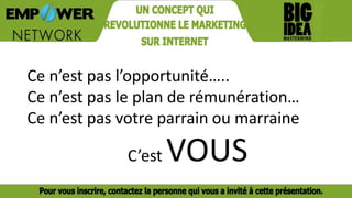 Ce n’est pas l’opportunité…..
Ce n’est pas le plan de rémunération…
Ce n’est pas votre parrain ou marraine
C’est VOUS
 
