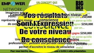 CONSCIENCE
Imaginons que ce
POINT JAUNE
représente votre niveau
de conscience
Une personne ne
gagne pas $250,000
par an parce qu’elle
veut gagner $250,000
par an...
Elle gagne $250,000
par an parce qu’elle
ignore comment
gagner $250,000 par
mois!
Comment est-ce que j’accrois mon niveau de
conscience
Une éducation efficace… combinée à un coaching
professionnel… pendant une période raisonnable de temps
permet d’accroitre le niveau de conscience
 