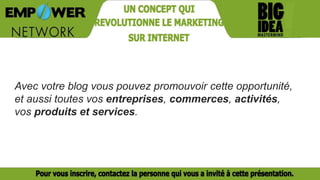 Avec votre blog vous pouvez promouvoir cette opportunité,
et aussi toutes vos entreprises, commerces, activités,
vos produits et services.
 