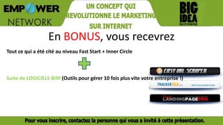 En BONUS, vous recevrez
Tout ce qui a été cité au niveau Fast Start + Inner Circle
Suite de LOGICIELS BIM (Outils pour gérer 10 fois plus vite votre entreprise !)
 