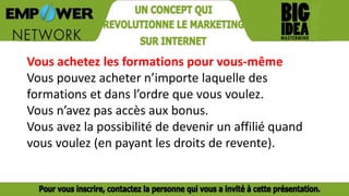 Vous achetez les formations pour vous-même
Vous pouvez acheter n’importe laquelle des
formations et dans l’ordre que vous voulez.
Vous n’avez pas accès aux bonus.
Vous avez la possibilité de devenir un affilié quand
vous voulez (en payant les droits de revente).
 