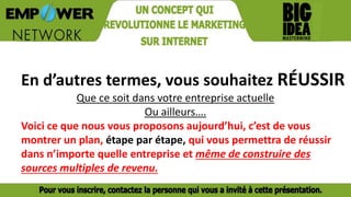 En d’autres termes, vous souhaitez RÉUSSIR
Que ce soit dans votre entreprise actuelle
Ou ailleurs….
Voici ce que nous vous proposons aujourd’hui, c’est de vous
montrer un plan, étape par étape, qui vous permettra de réussir
dans n’importe quelle entreprise et même de construire des
sources multiples de revenu.
 