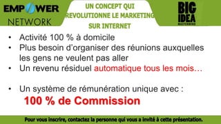 • Activité 100 % à domicile
• Plus besoin d’organiser des réunions auxquelles
les gens ne veulent pas aller
• Un revenu résiduel automatique tous les mois…
• Un système de rémunération unique avec :
100 % de Commission
 