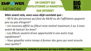 Mais avant cela, avez-vous déjà constaté que :
90 % des personnes qui font du MLM ou de l’affiliation gagnent
peu ou pas d’argent?
Un nouveau affilié ou filleul reste motivé maximum 2 ou 3 mois
avant de baisser les bras?
Les filleuls sautent d’une opportunité à une autre trop
rapidement?
Vous gaspillez votre temps à former des gens qui vont ensuite
vous quitter?
 