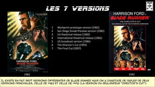 1982 1992
Il existe en fait sept versions différentes de Blade Runner mais on a l'habitude de parler de deux
versions principales, celle de 1982 et celle de 1992 (la version du réalisateur "Director's cut").
1 Workprint prototype version (1982)
2 San Diego Sneak Preview version (1982)
3 US theatrical release (1982)
4 International theatrical release (1982)
5 US broadcast version (1986)
6 The Director's Cut (1992)
7 The Final Cut (2007)
 