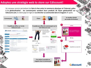 Adoptez une stratégie web to store sur Cdiscount!
Un nouveau service permettant de faire le lien entre le commerce physique et l’internet, grâce
à la géolocalisation : les commerçants vendent leurs produits de façon géolocalisée sur
Cdiscount.com, le client paye en ligne et va chercher sa commande dans le magasin 2h après
Il va retirer le produit en
magasin chez le commerçant
 