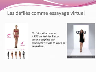 Les défilés comme essayage virtuel 
Certains sites comme 
ASOS ou Knicker Picker 
ont mis en place des 
essayages virtuels en vidéo ou 
animation 
 