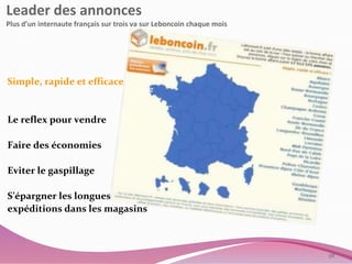 Leader des annonces 
Plus d’un internaute français sur trois va sur Leboncoin chaque mois 
Simple, rapide et efficace 
Le reflex pour vendre 
Faire des économies 
Eviter le gaspillage 
S’épargner les longues 
expéditions dans les magasins 
58 
 