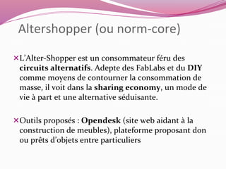 Altershopper (ou norm-core) 
L’Alter-Shopper est un consommateur féru des 
circuits alternatifs. Adepte des FabLabs et du DIY 
comme moyens de contourner la consommation de 
masse, il voit dans la sharing economy, un mode de 
vie à part et une alternative séduisante. 
Outils proposés : Opendesk (site web aidant à la 
construction de meubles), plateforme proposant don 
ou prêts d’objets entre particuliers 
 