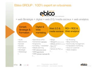 Ebloo GROUP : 100% expert en e-business



         = web Stratégie + digital + web 2.0/media sociaux + web analytics

              Conseil,              Digital &
                                                                  Web 2.0 &     ROI + ROO &
              Stratégie &           Web
                                                                  media sociaux Web analytics
              Formation             marketing

            •  Audit        •  Bannières e-Pub                        •  Blogs                      •  A/B testing
            •  Benchmark    •  Conversion (optimisation)              •  Bloggers (billets sponsos) •  Blog monitoring
            •  Conseil      •  Ergonomie                              •  Media sociaux (facebook, •  Community management
            •  Etudes       •  e-mailing / newsletter                 Twitter, Youtube…)
                                                                                                    •  e-réputation monitoring
            •  Formation    •  Media planning                         •  RP 2.0                     •  Voice of customer
            •  Stratégie    •  SEO (référencement naturel)            •  Iphone & iPad apps         •  Web analytics
            •  Webdesign    •  SEM (google Adwords)                   •  …                          • …
            • …             •  SMO (valorisation & optimisation RS)
                            •  …


5 Novembre 2009
                                             Présentation ebloo GROUP
                                      2011 - confidentiel – reproduction interdite
 