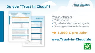 Do you "Trust in Cloud"?


                           Voraussetzungen
                            7 Kategorien
                            3 ja-Antworten pro Kategorie
                            3 nachgewiesene Referenzen

                               1.500 € pro Jahr

                           www.Trust-in-Cloud.de
 