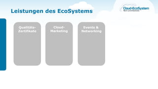 Leistungen des EcoSystems

  Qualitäts-     Cloud-      Events &
  Zertifikate   Marketing   Networking
 