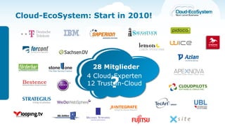 Cloud-EcoSystem: Start in 2010!




                  28 Mitglieder
                4 Cloud-Experten
                       ?
                12 Trust-in-Cloud
 
