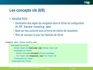 Les concepts clé (8/8) NAVIGATION Déclaration des règles de navigation dans le fichier de configuration de JSF,  faces-config.xml Basé sur des  outcome  sous la forme de chaîne de caractères Rien de nouveau ici pour les habitués de  Struts <navigation-rule> <from-view-id> /welcome.jsp </from-view-id> <navigation-case> <from-outcome> success </from-outcome> <to-view-id> /response.jsp </to-view-id> </navigation-case> </navigation-rule> Exemple dans faces-config.xml: 