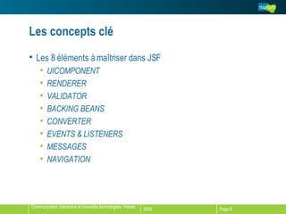 Les concepts clé Les 8 éléments à maîtriser dans JSF UICOMPONENT RENDERER VALIDATOR BACKING BEANS CONVERTER EVENTS & LISTENERS MESSAGES NAVIGATION 