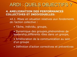 ARDI : QUELS OBJECTIFS ?  4. AMELIORATION DES PERFORMANCES COLLECTIVES   ET INDIVIDUELLES: 4.1. Mises en situation relatives aux fondements de l’action collective :   Tâche, individu, groupe, Dynamique des groupes,phénomènes de leadership,différents rôles dans un groupe, Amélioration de la communication au sein d’un groupe Définition d’action correctives et préventives 