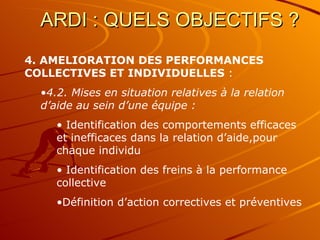 ARDI : QUELS OBJECTIFS ?  4. AMELIORATION DES PERFORMANCES COLLECTIVES ET INDIVIDUELLES  : 4.2. Mises en situation relatives à la relation d’aide au sein d’une équipe :   Identification des comportements efficaces et inefficaces dans la relation d’aide,pour chaque individu  Identification des freins à la performance collective Définition d’action correctives et préventives 