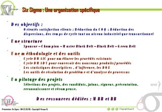 Six Sigma : Une organisation spécifique  Des objectifs : Orientés satisfaction clients ; Réduction du COQ ; Réduction des dispersions, des temps de cycle tant au niveau industriel que transactionnel Une structure Sponsor – Champion – Master Black Belt – Black Belt – Green Belt Une méthodologie et des outils Cycle DMAIC pour améliorer les procédés existants Cycle DMADV pour concevoir des nouveaux produits/procédés Les statistiques descriptives , d’inférence, les DOE Les outils de résolution de problème et d’analyse de processus Un pilotage des projets Sélections des projets, des candidats, jalons, rigueur, présentation, reconnaissance et récompense. Des ressources dédiées : MBB et BB 