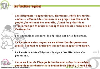 Les dirigeants – superviseurs, directeurs, chefs de service, cadres –  allouent des ressources au projet, soutiennent le projet, fournissent des conseils,  fixent les priorités et s’assurent que le projet est adapté aux besoins critiques de l’entreprise. Les champions assurent le déploiement de la démarche. La Ceinture noire, expert en amélioration des processus (outils, concept et pratique), assure un support technique, La Ceinture verte dirige une équipe d’amélioration des processus. Les membres de l’équipe interviennent selon le calendrier prévu dans la charte et à la demande du Black / Green Belt. Les fonctions requises 
