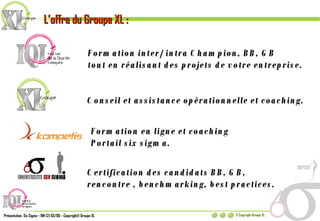 L’offre du Groupe XL : Formation inter/intra Champion, BB, GB tout en réalisant des projets de votre entreprise. Conseil et assistance opérationnelle et coaching. Formation en ligne et coaching Portail six sigma. Certification des candidats BB, GB, rencontre , benchmarking, best practices. 