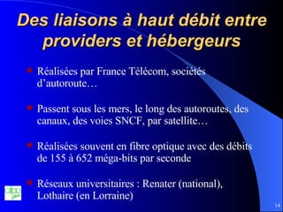 Des l iaisons à haut débit entre providers et hébergeurs Réalisées par France Télécom, sociétés d’autoroute… Passent sous les mers, le long des autoroutes, des canaux, des voies SNCF, par satellite… Réalisées souvent en fibre optique avec des débits de 155 à 652 méga-bits par seconde Réseaux universitaires : Renater (national), Lothaire (en Lorraine) 